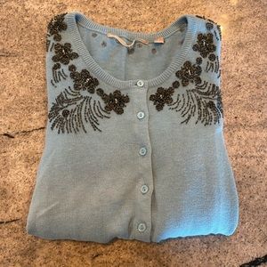 Blue Anthropologie Cardigan with Black Beading Detail
